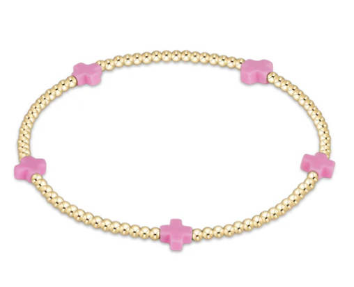 ENewton Signature Cross Gold Pattern 2mm Bead Bracelet - Bright Pink