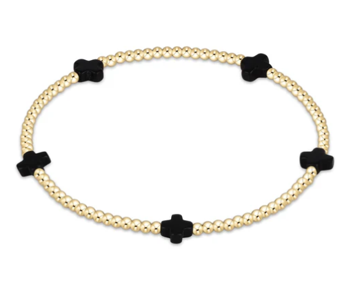 ENewton Signature Cross Small Gold Pattern 2mm Bead Bracelet - Onyx