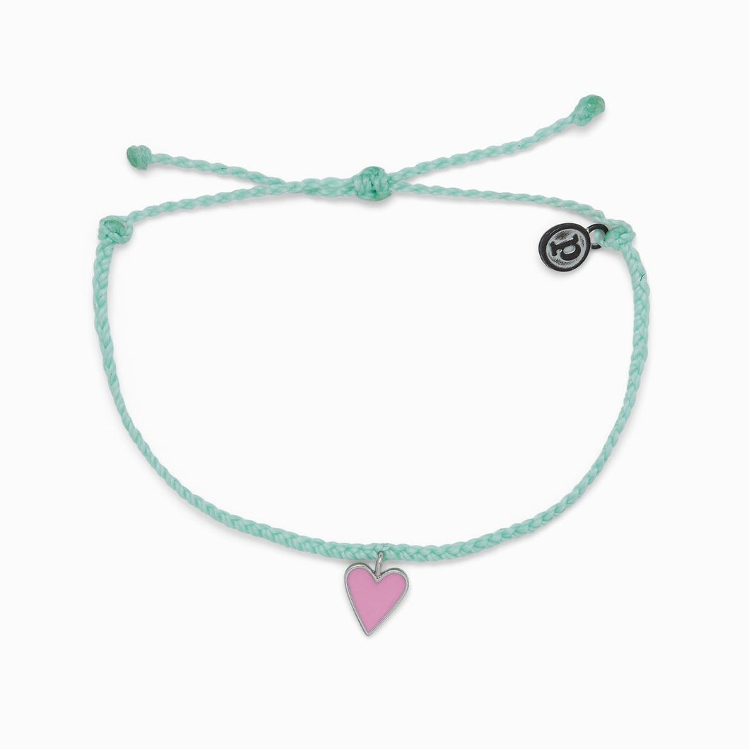 Petite Heart Charm Winterfresh Green cord with silver wrapped pink heart O/S Bracelet